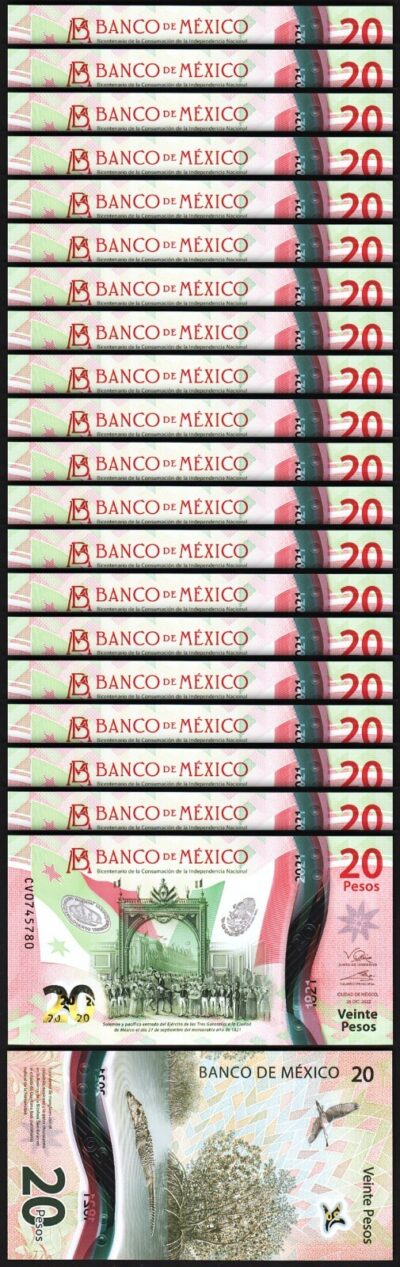Mexico 20 Pesos 2022, UNC, 20 Pcs LOT, Polymer, Commemorative, P-New Date