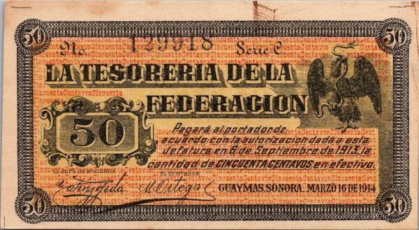 Mexico Sonoro Treasury Of The Federation 50 Pesos 1914, UNC with Pale