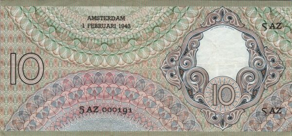 Netherlands 10 Gulden 1943, aXF, P-59, Low S/N 000191 - Image 4