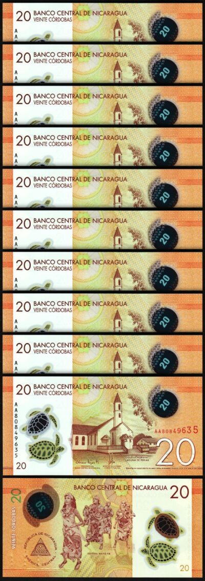 Nicaragua 20 Cordobas 2021 - 2022, UNC, 10 Pcs LOT, Polymer, P-210. Prefix AA