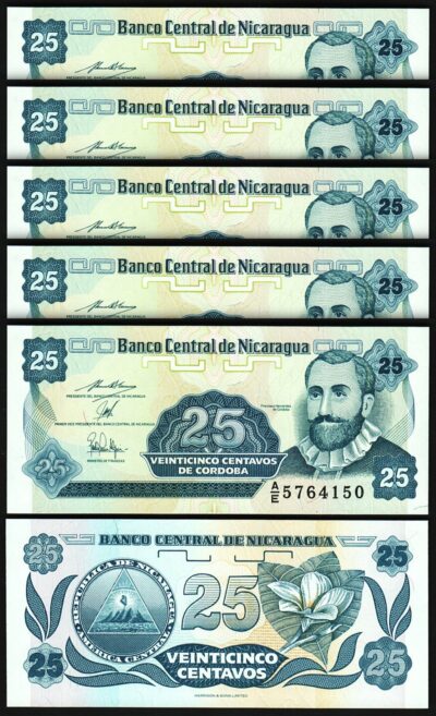 Nicaragua 25 Centavos 1991, UNC, 5 Pcs LOT, Consecutive, P-170