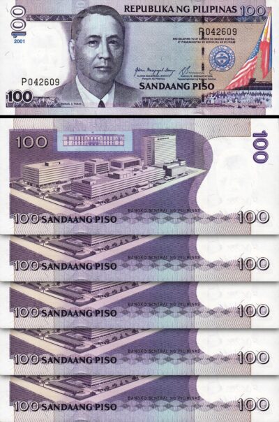 PHILIPPINES 100 PISO 2001, UNC, 5 PCS LOT, CONSECUTIVE, P-194a