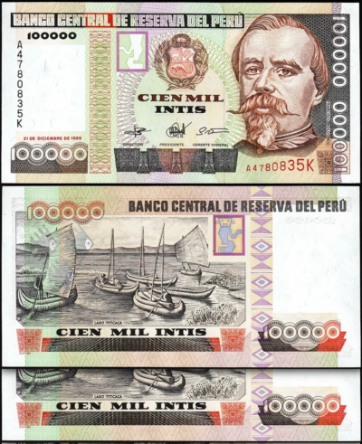 Peru 100000 - 100,000 Intis 1989, UNC, 2 Pcs PAIR, Consecutive, P-145