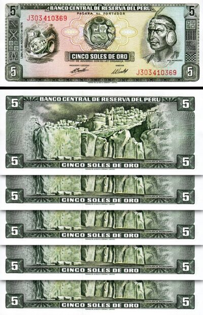 Peru 5 Soles De Oro 1974, UNC, 5 Pcs LOT, P-99c