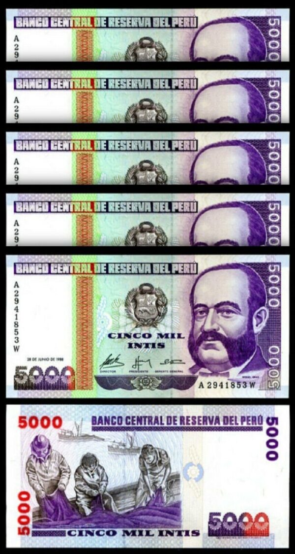 Peru 5000 Intis 1988, AU-UNC 5 PCS LOT, P-137