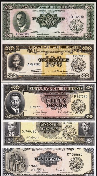 Philippines 5 Pcs SET, 10 20 50 100 200 Pesos 1949, UNC, P-136 137 138 139 140