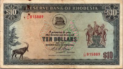 Rhodesia 10 Dollar 19 November 1975, Fine Condition, P-33h