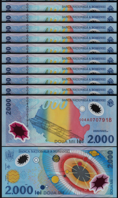 Romania 2000 Lei 1999, UNC, 10 Pcs LOT, Consecutive, POLYMER, P-111