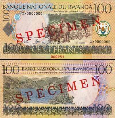Rwanda 100 Francs 2003, UNC, SPECIMEN, XX 0000000, P-29As