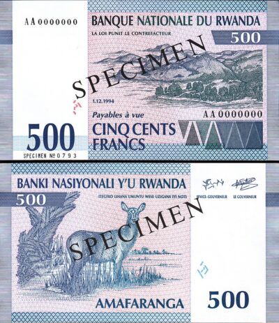 Rwanda 500 Francs 1994, UNC, SPECIMEN, AA 0000000, P-23s