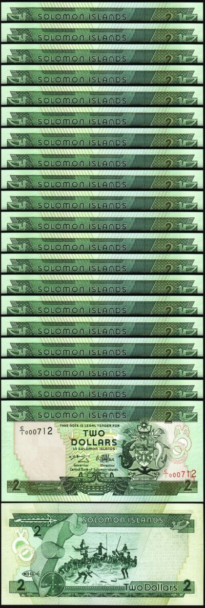 Solomon Islands 2 Dollars 1997, UNC, 20 Pcs LOT, LOW Serial, 0007**, C/I, P-18