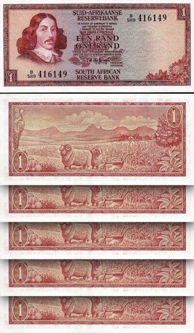 South Africa 1 Rand 1975, UNC, 5 Pcs LOT, Consecutive, P-116b Sign 5