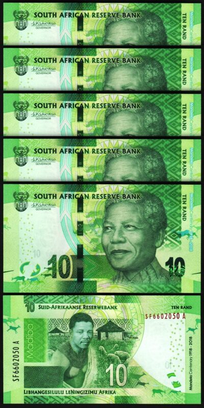 South Africa 10 Rand 2018, UNC, 5 Pcs LOT, Comm, P-143 Nelson Mandela