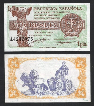 Spain Espana 1 Peseta 1937, AU-UNC, P-94