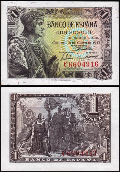 Spain Espana 1 Peseta 1943, UNC, P-126, King Fernando