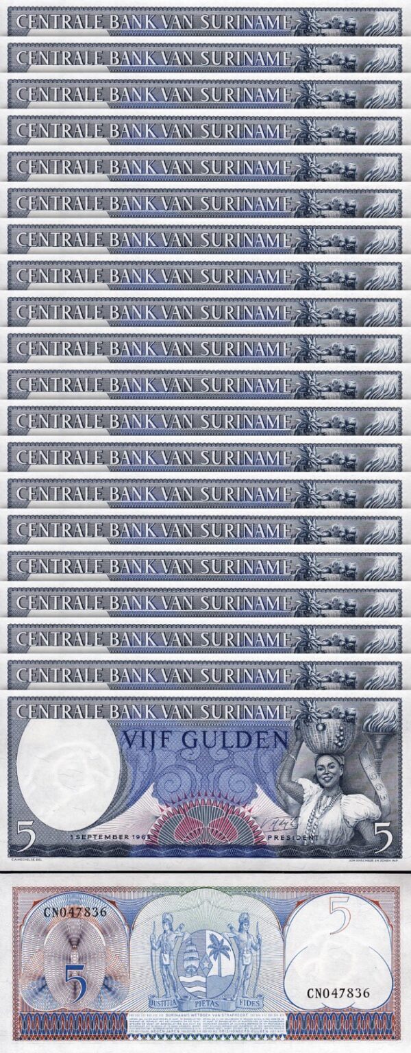 Surinam Suriname 5 Gulden 1963, UNC, 20 Pcs LOT, Consecutive, P-120b