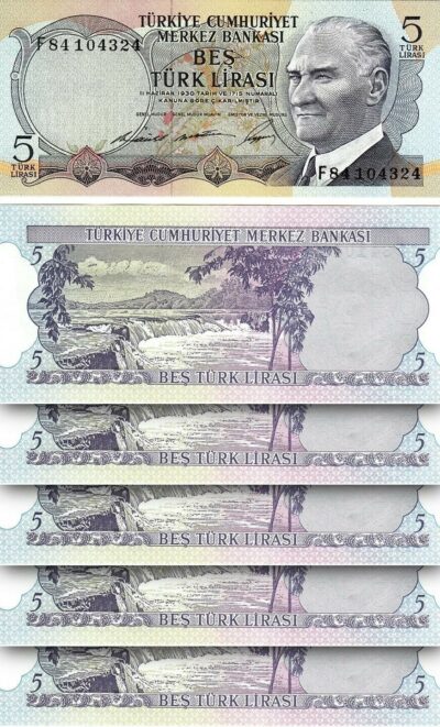 TURKEY 5 LIRA 1968, UNC, 5 PCS LOT, 3 SIGN, P-179,  F -SERIAL