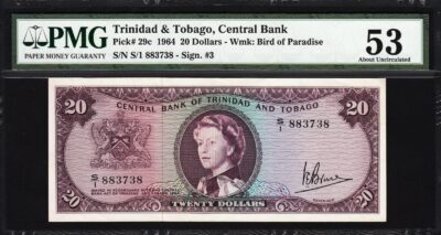 Trinidad & Tobago 20 Dollars 1964, Pmg 53 About Unc, P-29c, Queen Elizabeth II