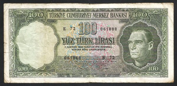 Turkey 100 Lira 1969, aVF, P-182b, Prefix E72