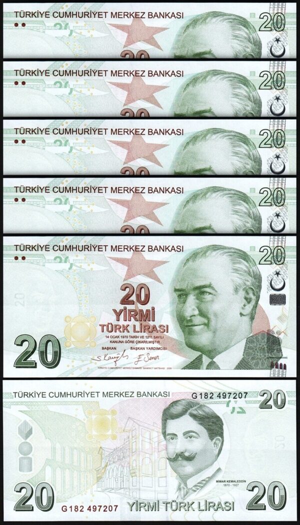 Turkey 20 Lira 2009 - 2022, UNC, 10 Pcs LOT, Consecutive, P-224f,New Sign,Prfx G - Image 3