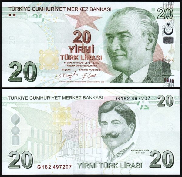 Turkey 20 Lira 2009 - 2022, UNC, P-224f, New Sign, Prfx G