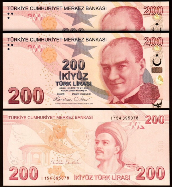 Turkey 200 Lira 2009- 2025, UNC, 2 Pcs PAIR, Consecutive, Prfx I, P-227,NEW DATE