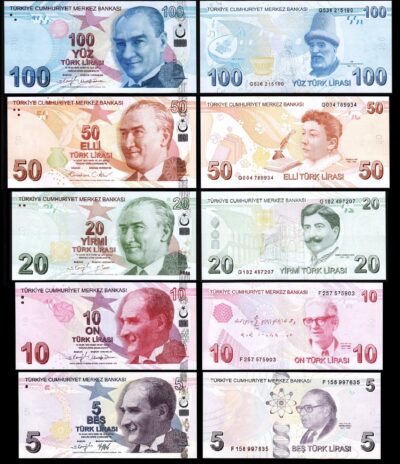 Turkey 5 Pcs UNC Set, 5 10 20 50 100 Lira 2022 2025, Pick 222 to 226