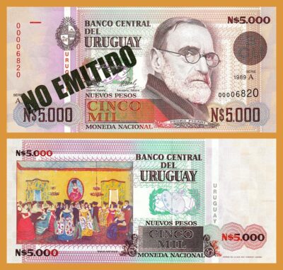 Uruguay 5000 Nuevos Pesos 1989, UNC, P.68A, Not Issued, Serie A 0000****