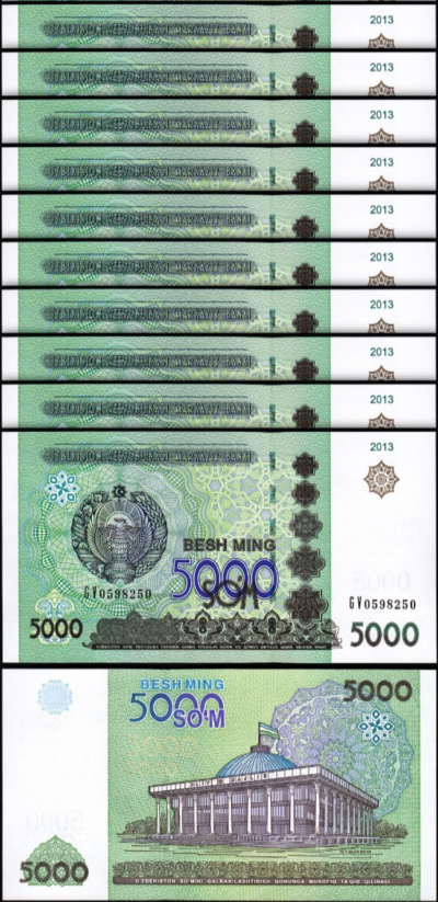 Uzbekistan 5000 Sum 2013, UNC, 10 Pcs LOT, Consecutive, P-83
