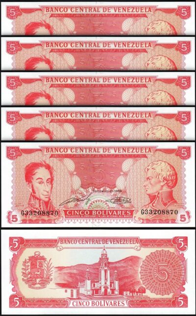 Venezuela 5 Bolivares 1989, UNC, 5 Pcs LOT,  8 Digit Serial, P-70b