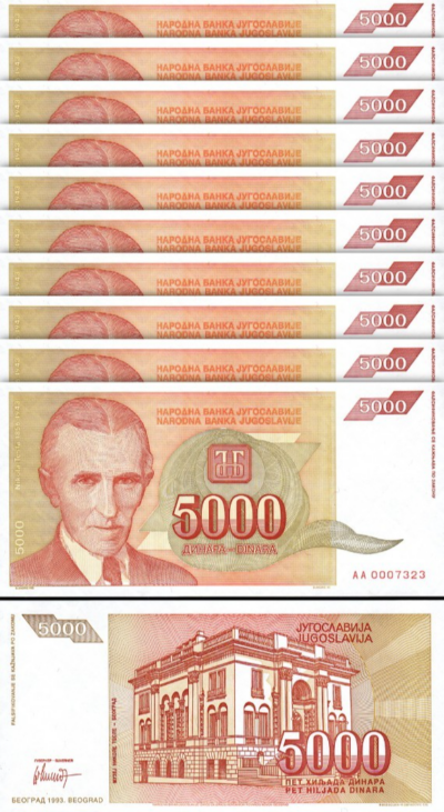 Yugoslavia 5000 Dinara 1993, UNC, 10 Pcs LOT, Consecutive, P-128, Low AA 0007***