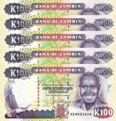 ZAMBIA 100 KWACHA 1991, aUNC/UNC, 5 PCS LOT, P-34