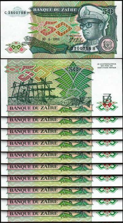 Zaire 50 Zaires 1988, UNC-, 10 PCS LOT, P-32