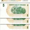 Zimbabwe 5 Dollars 2006 2007, UNC, 5 Pcs LOT, Consecutive, P-38, Bearer Cheque