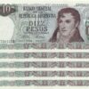 ARGENTINA 10 PESOS 1974-1975, AUNC, 5 PCS LOT, P-295, Sign MONDELLI-CAIROLI