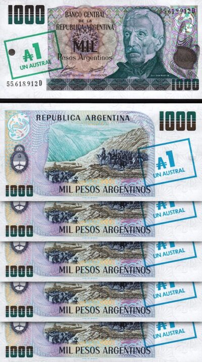 Argentina 1 Australes on 1000 Pesos, 1985 Overprint, UNC, 5 Pcs LOT, P-320