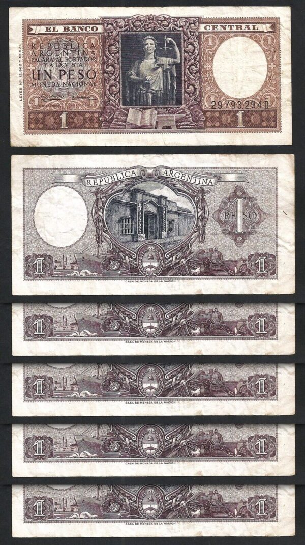 Argentina  1 Peso 1956, VF, 5 Pcs LOT, P-263, Circulated, Sign Type 2