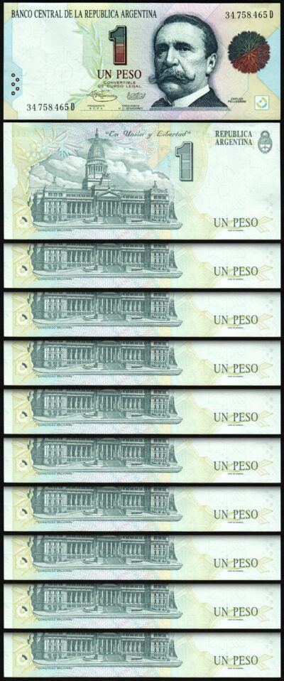 Argentina 1 Peso 1993, UNC, 10 Pcs LOT, Consecutive, P-339b
