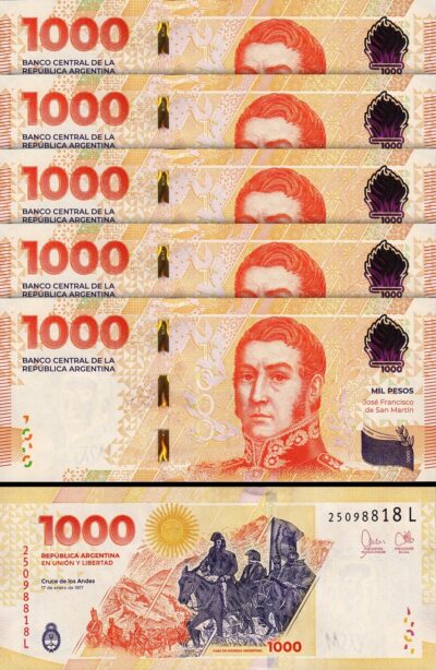 Argentina 1000 Pesos 2023 2024, UNC, 5 Pcs LOT, Consecutive, P-NEW, Suffix L