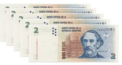 Argentina 2 Pesos 2012, UNC, 5 PCS LOT, P-352, Suffix L, Bartolome Mitre