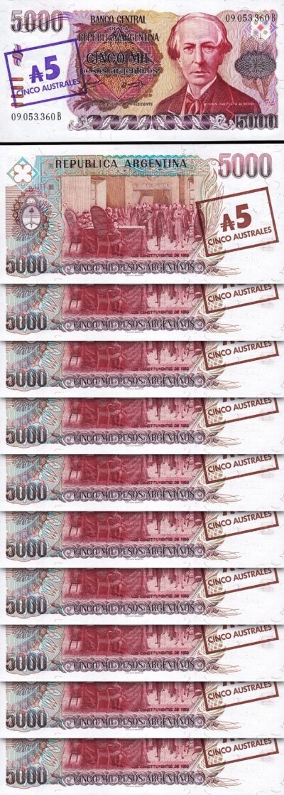 Argentina 5 Australes on 5000 Pesos, 1985 Overprint, UNC, 10 Pcs LOT, P-321