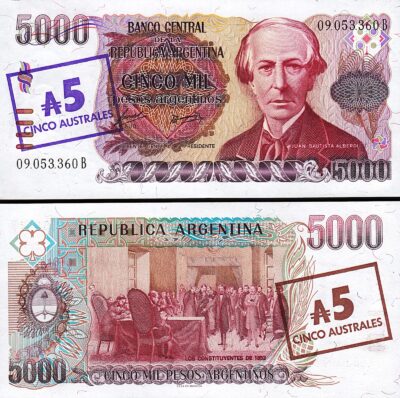 Argentina 5 Australes on 5000 Pesos, 1985 Overprint, UNC, P-321