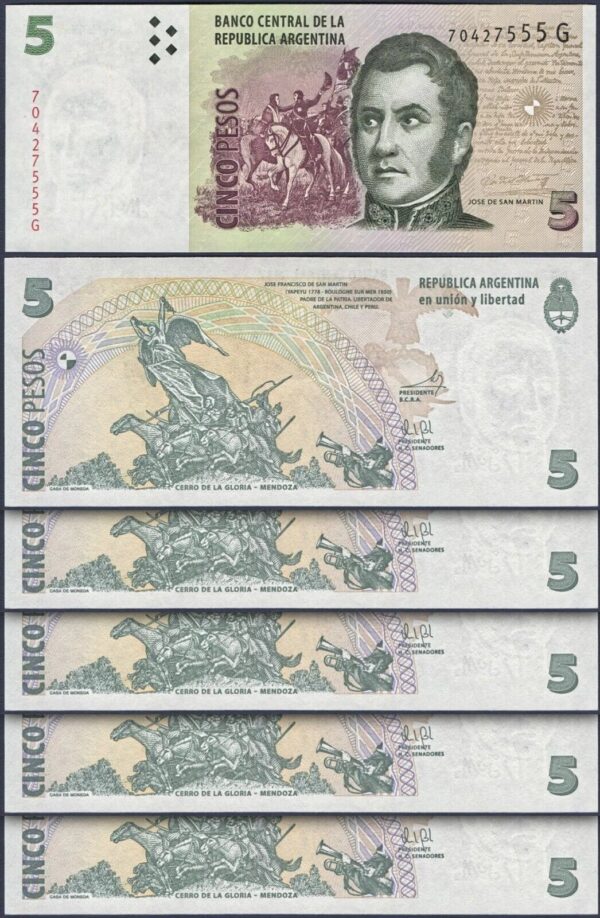 Argentina 5 Pesos 2012, UNC, 5 Pcs LOT, P-353, Suffix G