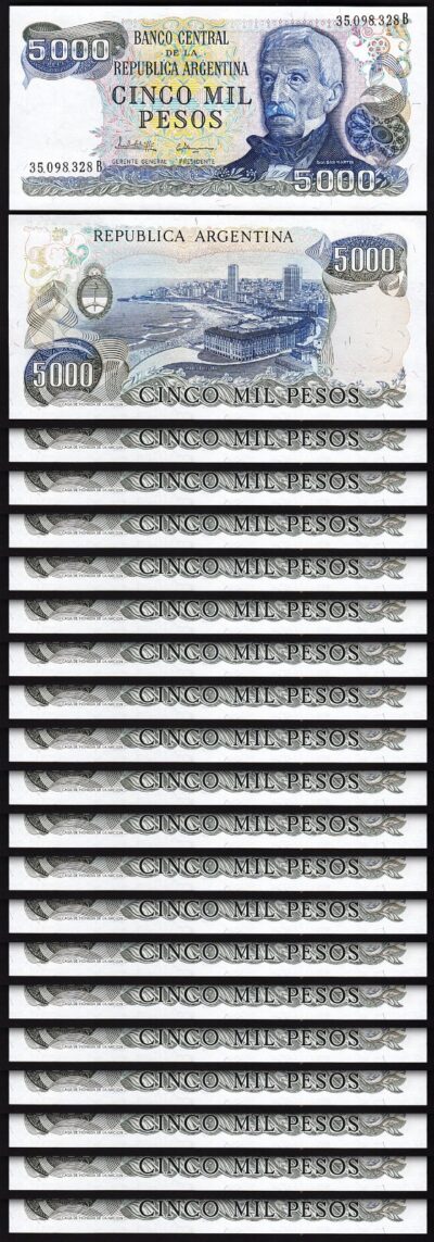 Argentina 5000 5,000 Pesos, 1977 - 1983, UNC, 20 Pcs LOT, Consecutive, P-305b(1)