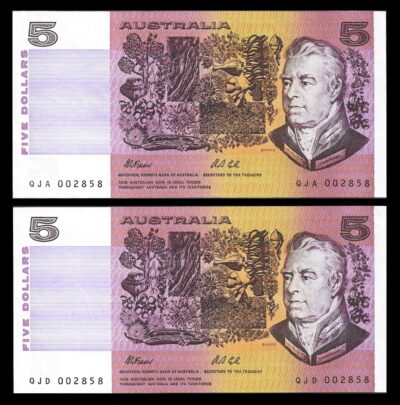Australia 5 Dollars 1991, LOW MATCHING SERIAL 2 PCS PAIR 002858, AU P-44g