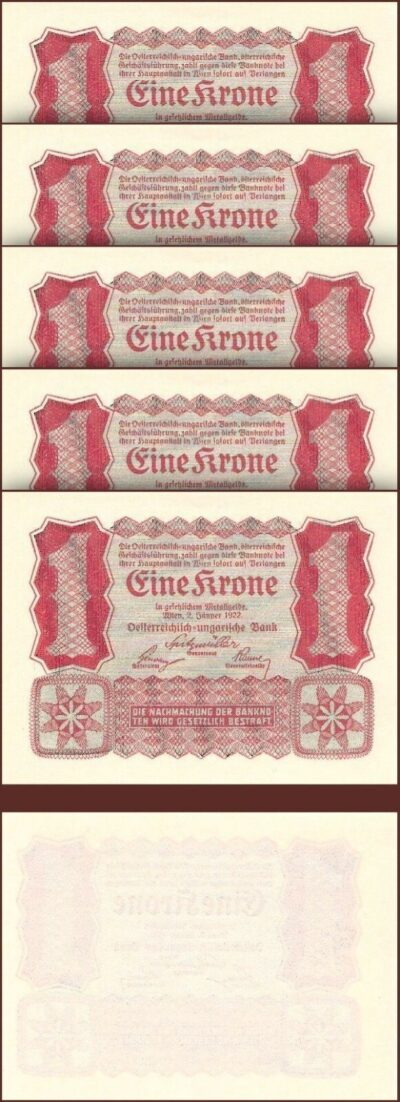 Austria 1 Krone 1922, AU-UNC, 5 PCS LOT, P-73