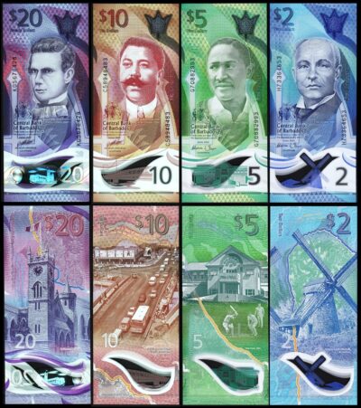 Barbados 4 PCS SET, 2 5 10 20 Dollars, 2022 2024, UNC, Polymer, P-80 81 82 83