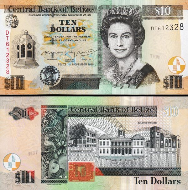 Belize 10 Dollars 2020, UNC, P-68e, QEII