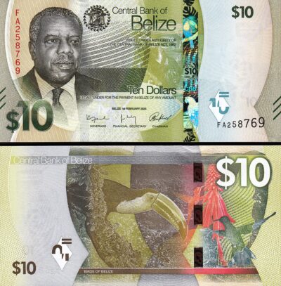 Belize 10 Dollars 2025, UNC, P-75,  New Sign, New Date,New Design