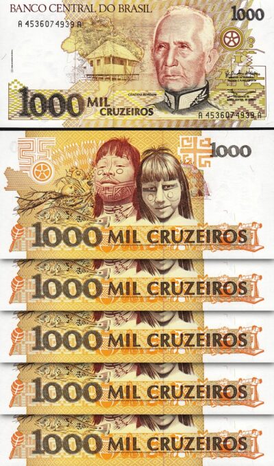 Brazil 1000 Cruzeiros 1990, UNC, 5 Pcs LOT, Consecutive, P-231, Sign 28